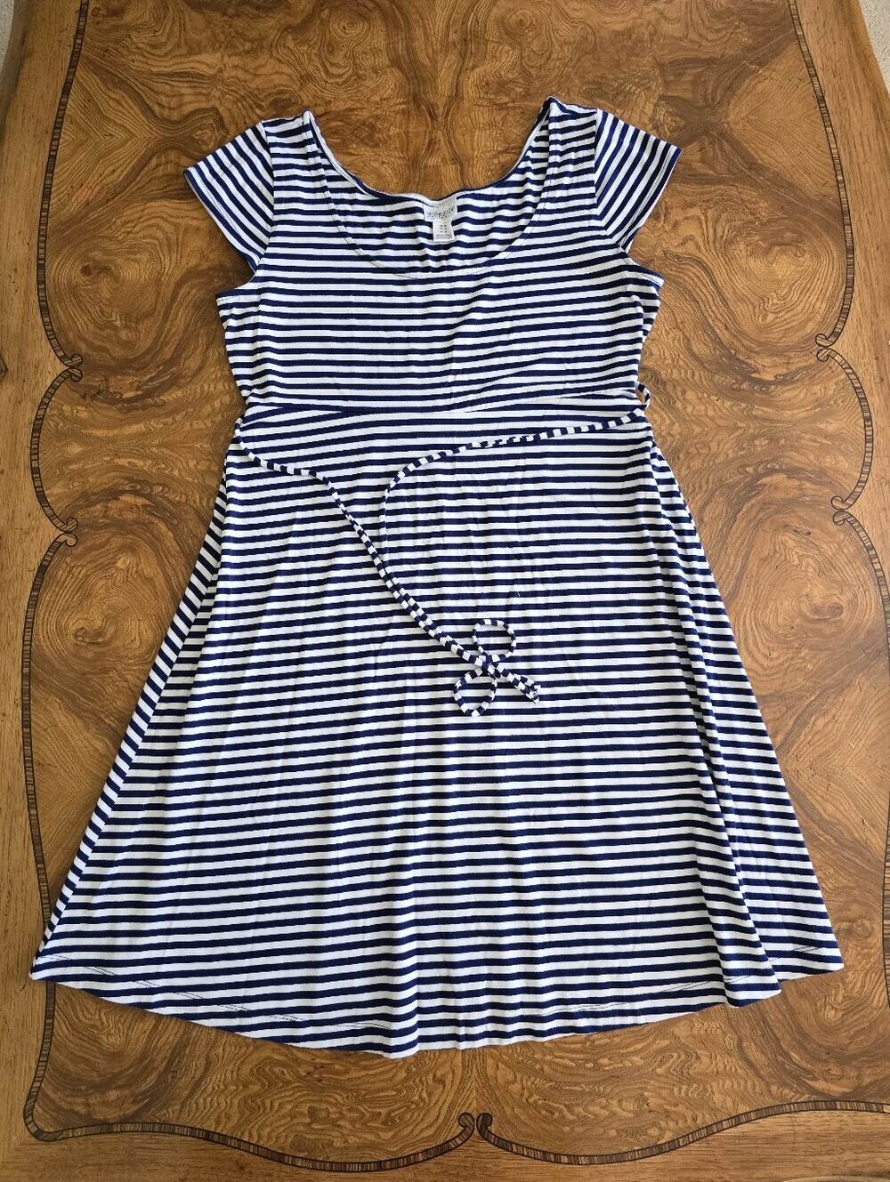 Motherhood Maternity Navy Striped Short Sleeve Tie Waist Dress Womens Size M